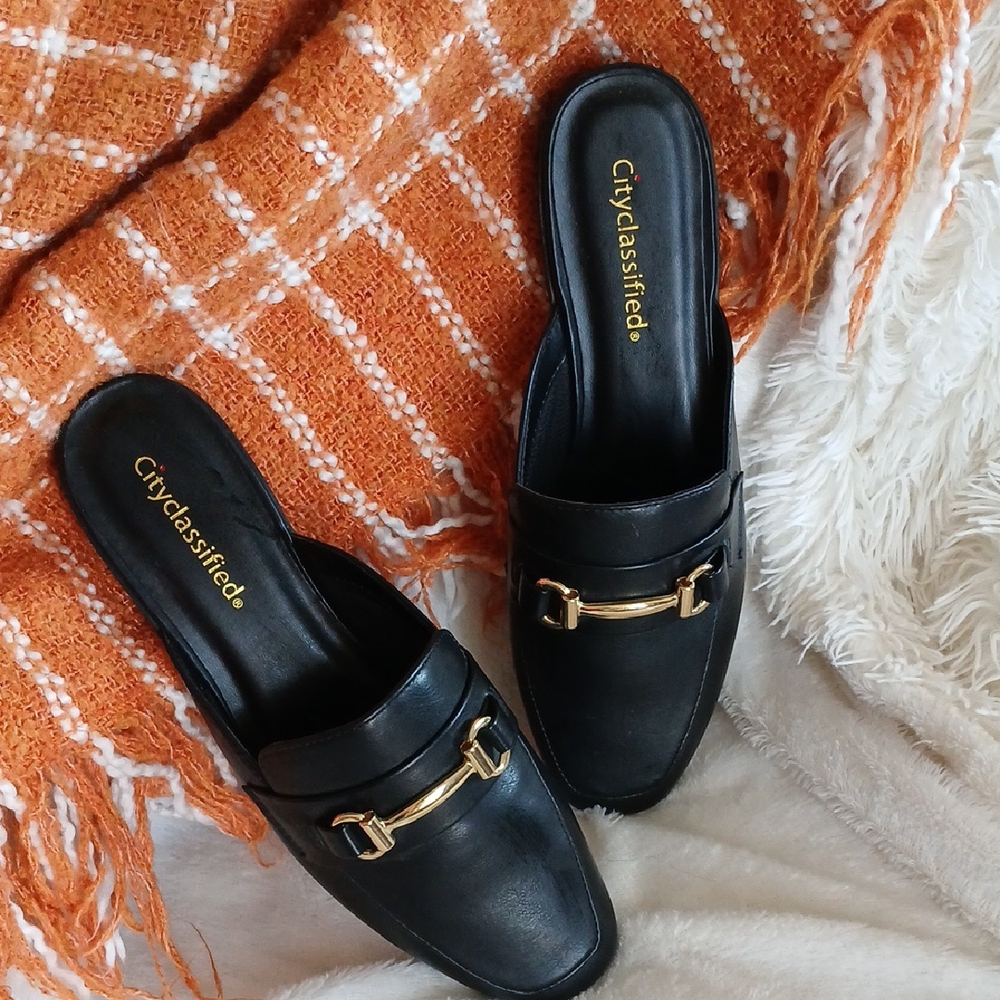 Cityclassified Black Mules with Gold Accent